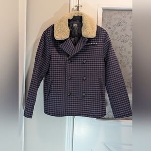 Le 31 Exclusive Simons.  Men's Navy and Black plaid  Pea Coat with Cream Collar.